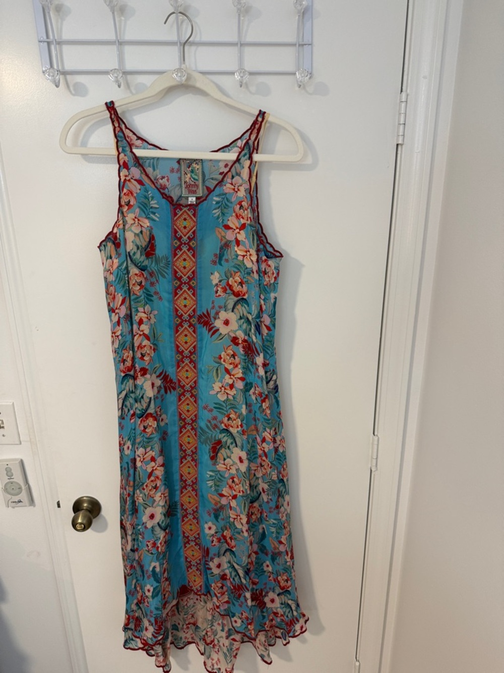 Johnny Was Turquoise Floral Maxi Dress with Red Trim